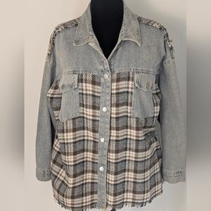 Oneleven Women's Striped Plaid Color Block Denim Jacket Size L Y2K Bohemian EUC
